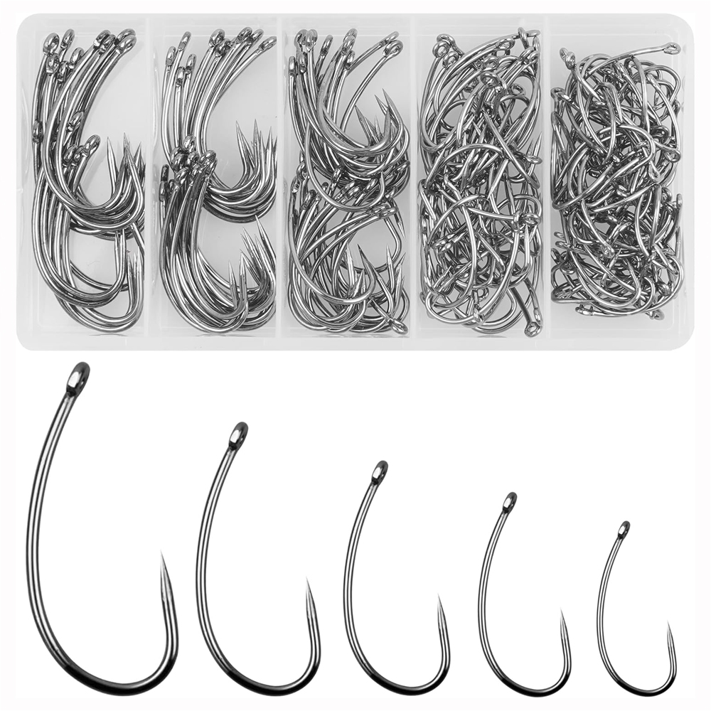 Fishing Hook Barbless - 바블리스 낚시 후크 키트, 곡선 생크